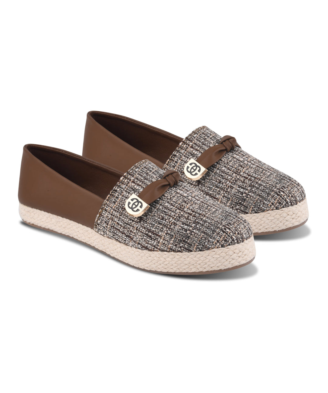 Women Brown Slip-On Woven Design Espadrilles Canvas Decorative Buckle