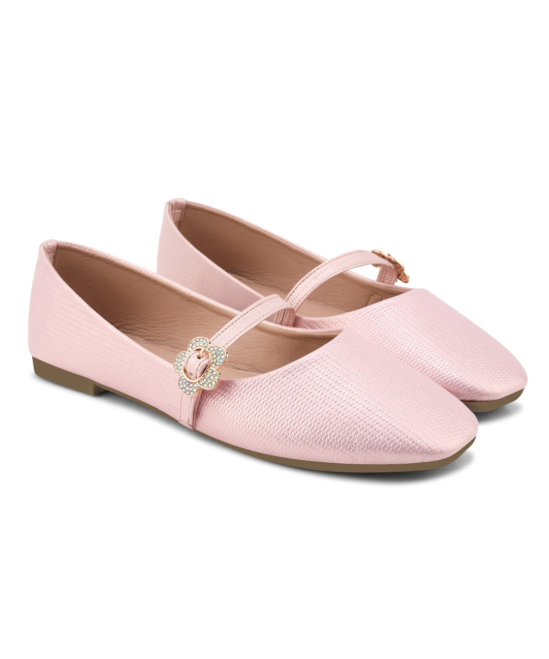 Pink Women’s Textured Mary Jane Ballet Flats with Flower Buckle Detail