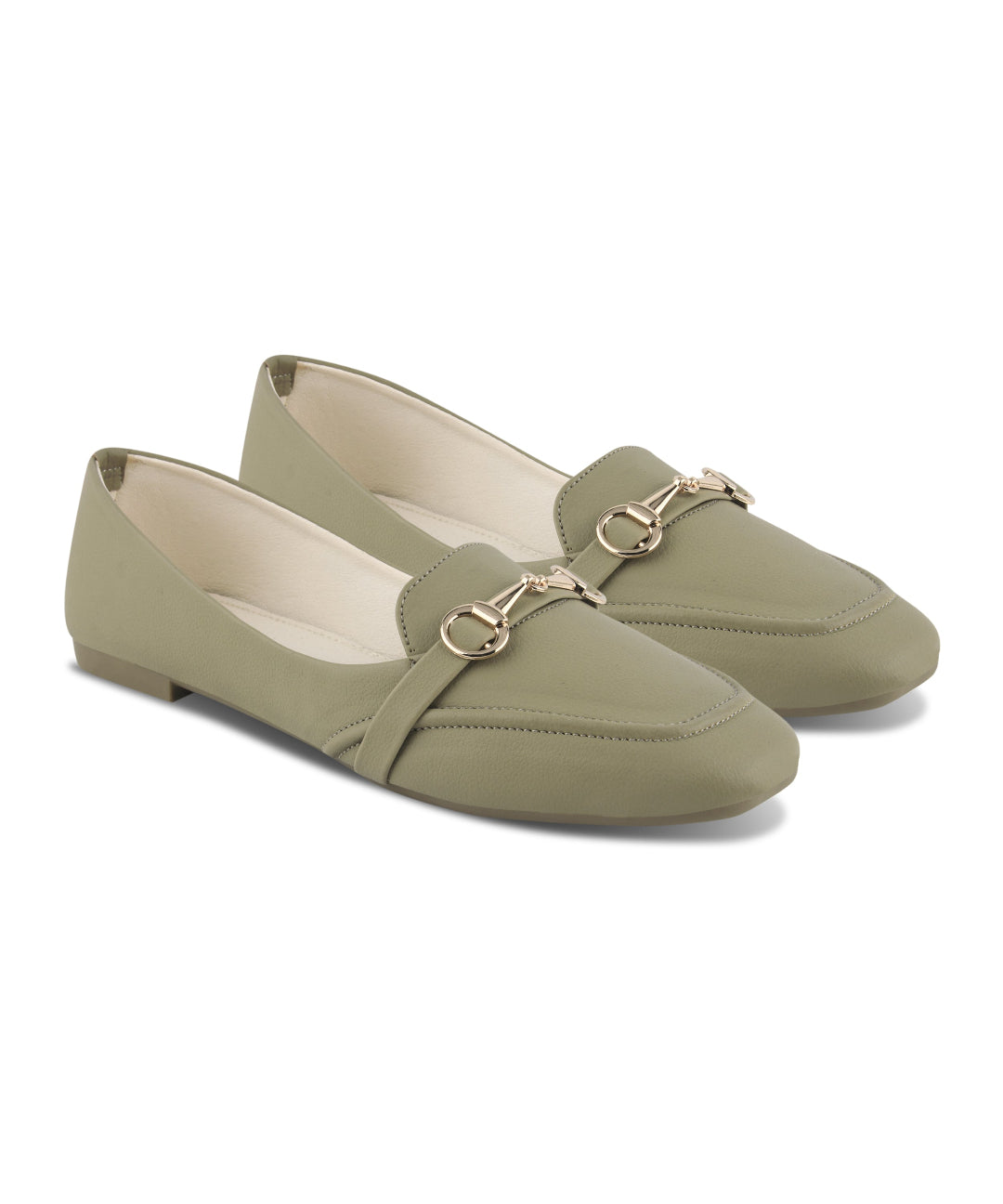 Olive Women Flat Loafers with Metal Horsebit with Textured Finish