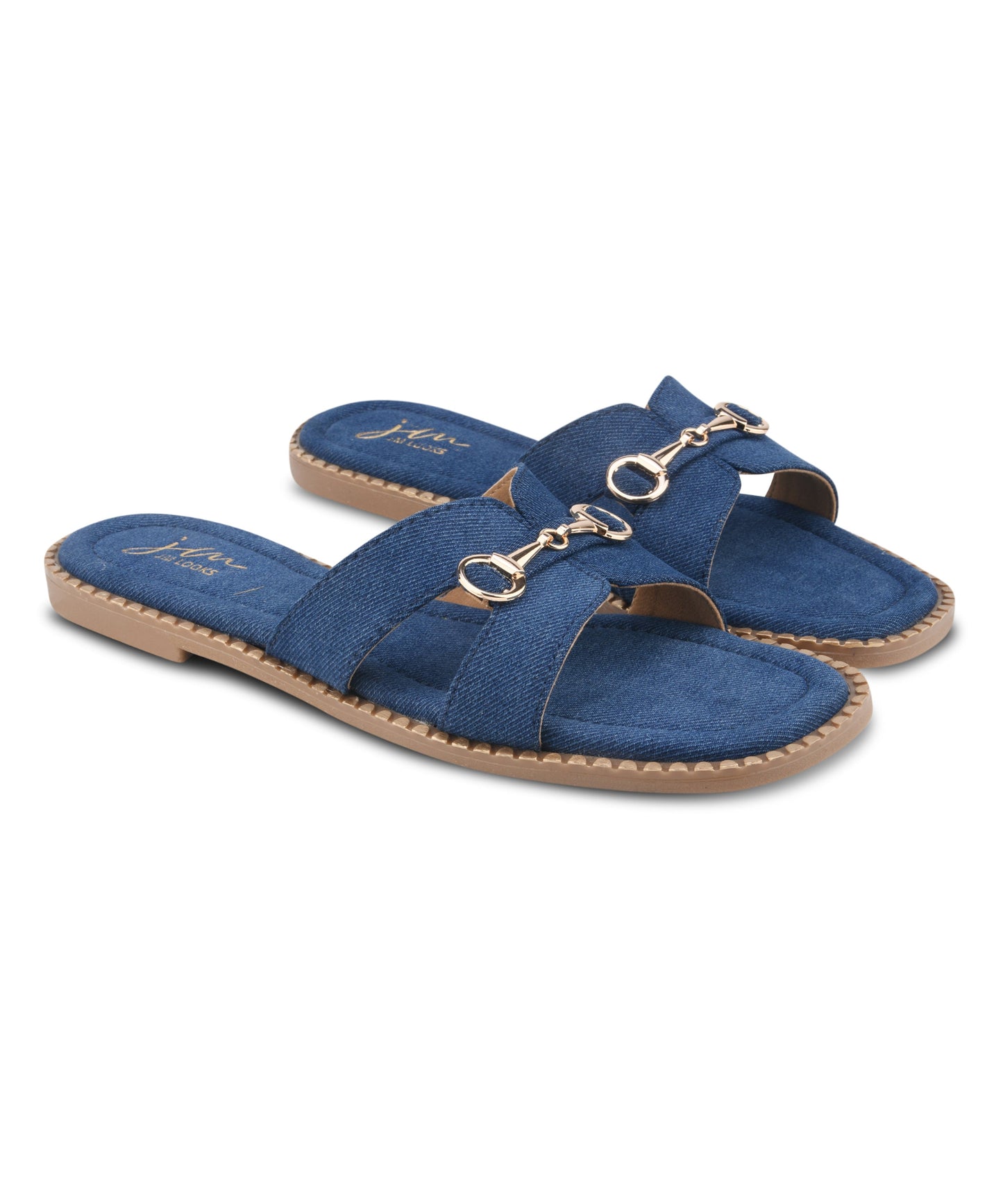 Flat slide sandals for women in denim blue denim with gold horsebit buckle and soft cushioned footbed