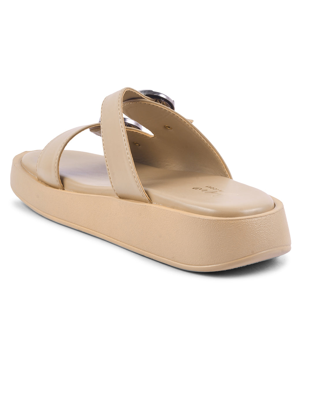 JM Looks platform slides with two adjustable buckle straps and a matching sole
Beige