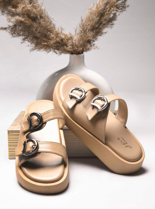 JM Looks platform slides with two adjustable buckle straps and a matching sole
 Beige