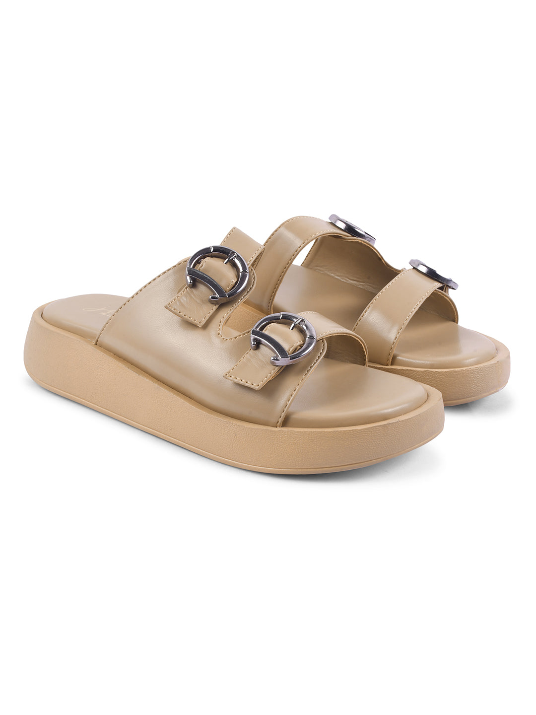 JM Looks platform slides with two adjustable buckle straps and a matching sole
Beige