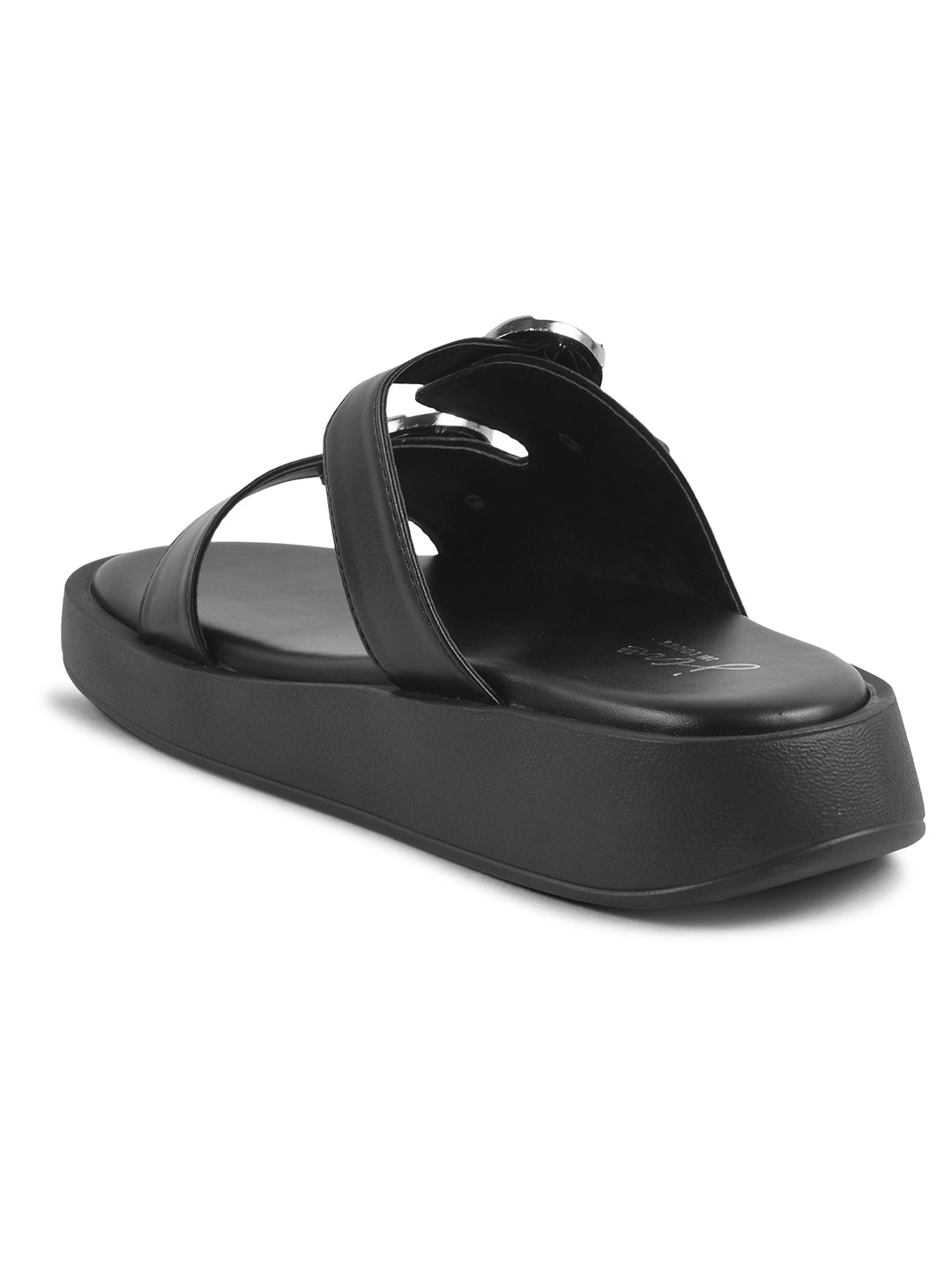 JM Looks platform slides with two adjustable buckle straps and a matching sole
Black