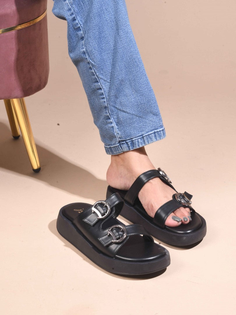 JM Looks platform slides with two adjustable buckle straps and a matching sole
Black