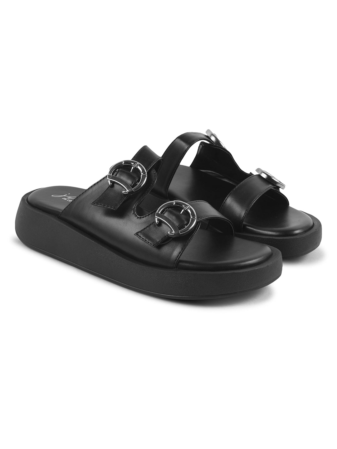 JM Looks platform slides with two adjustable buckle straps and a matching sole
Black