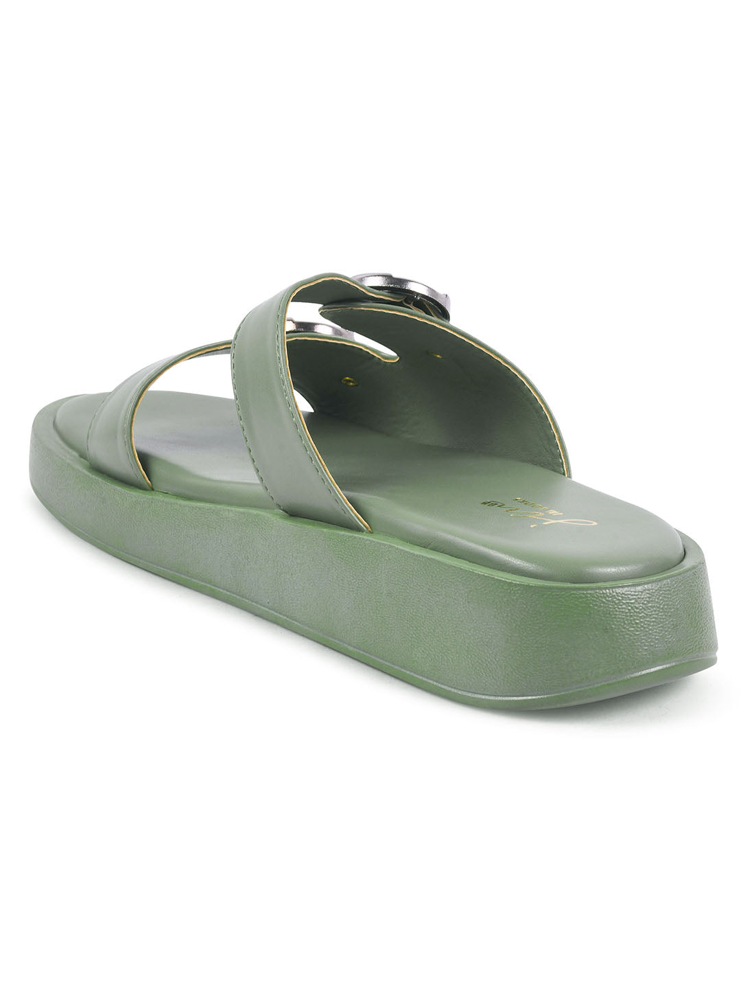 JM Looks platform slides with two adjustable buckle straps and a matching sole
Green
