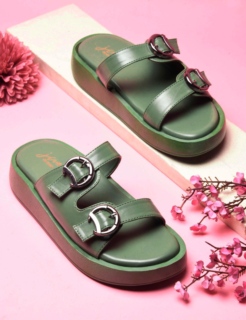 JM Looks platform slides with two adjustable buckle straps and a matching sole
Green