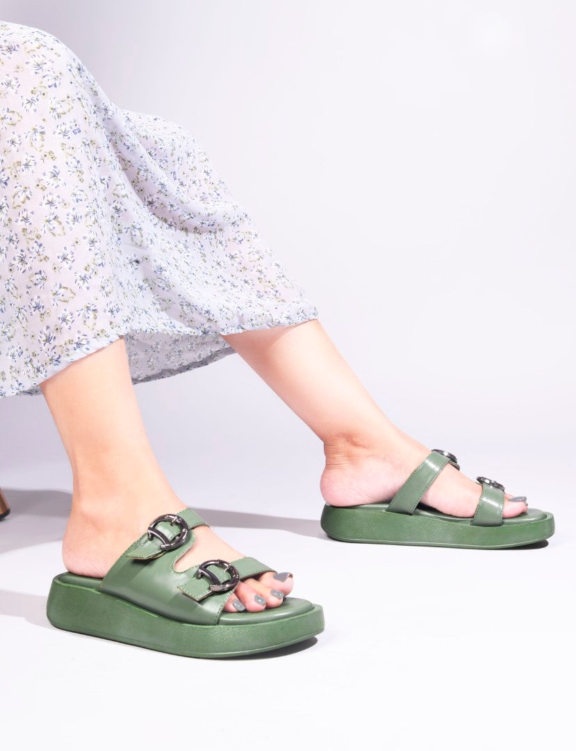 JM Looks platform slides with two adjustable buckle straps and a matching sole
Green