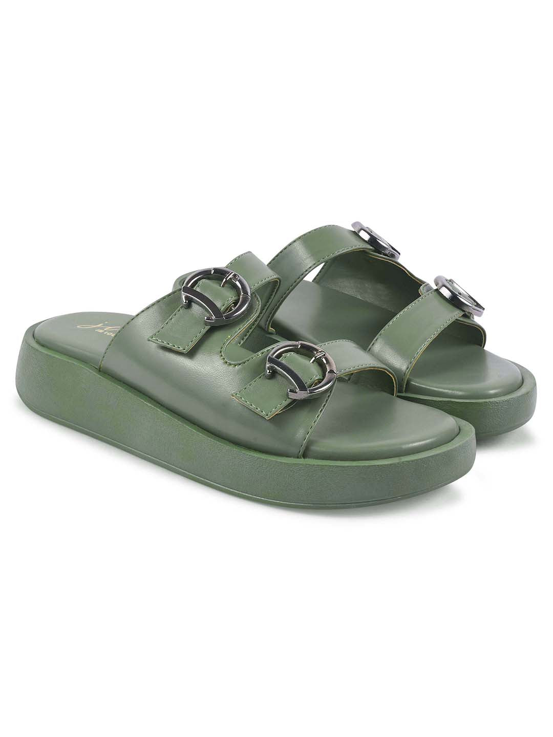 JM Looks platform slides with two adjustable buckle straps and a matching sole
Green