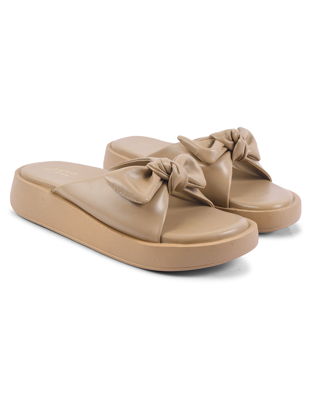 JM Looks women's platform slides with a large bow detail on the strap
Beige