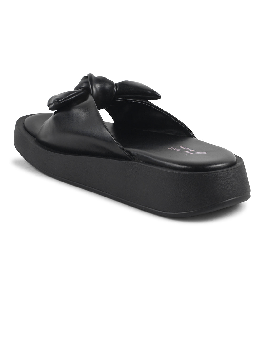 JM Looks women's platform slides with a large bow detail on the strap
Black