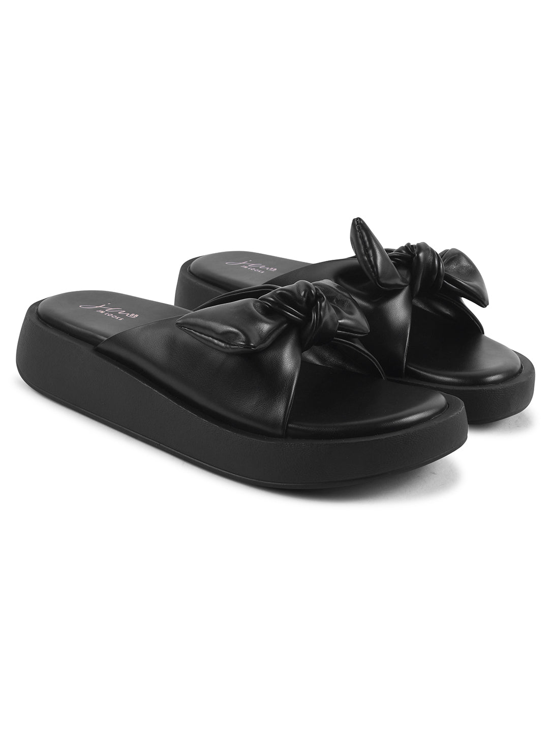 JM Looks women's platform slides with a large bow detail on the strap
Black