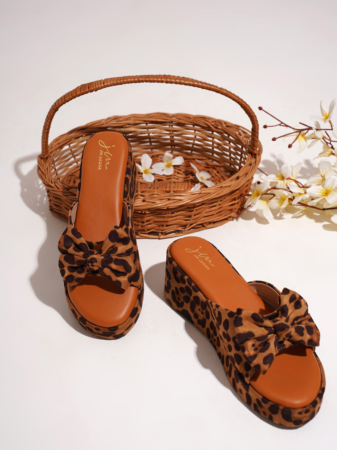 Open Toe Leopard Wedge Shoes Leopard Print Wedge Slides With Bow