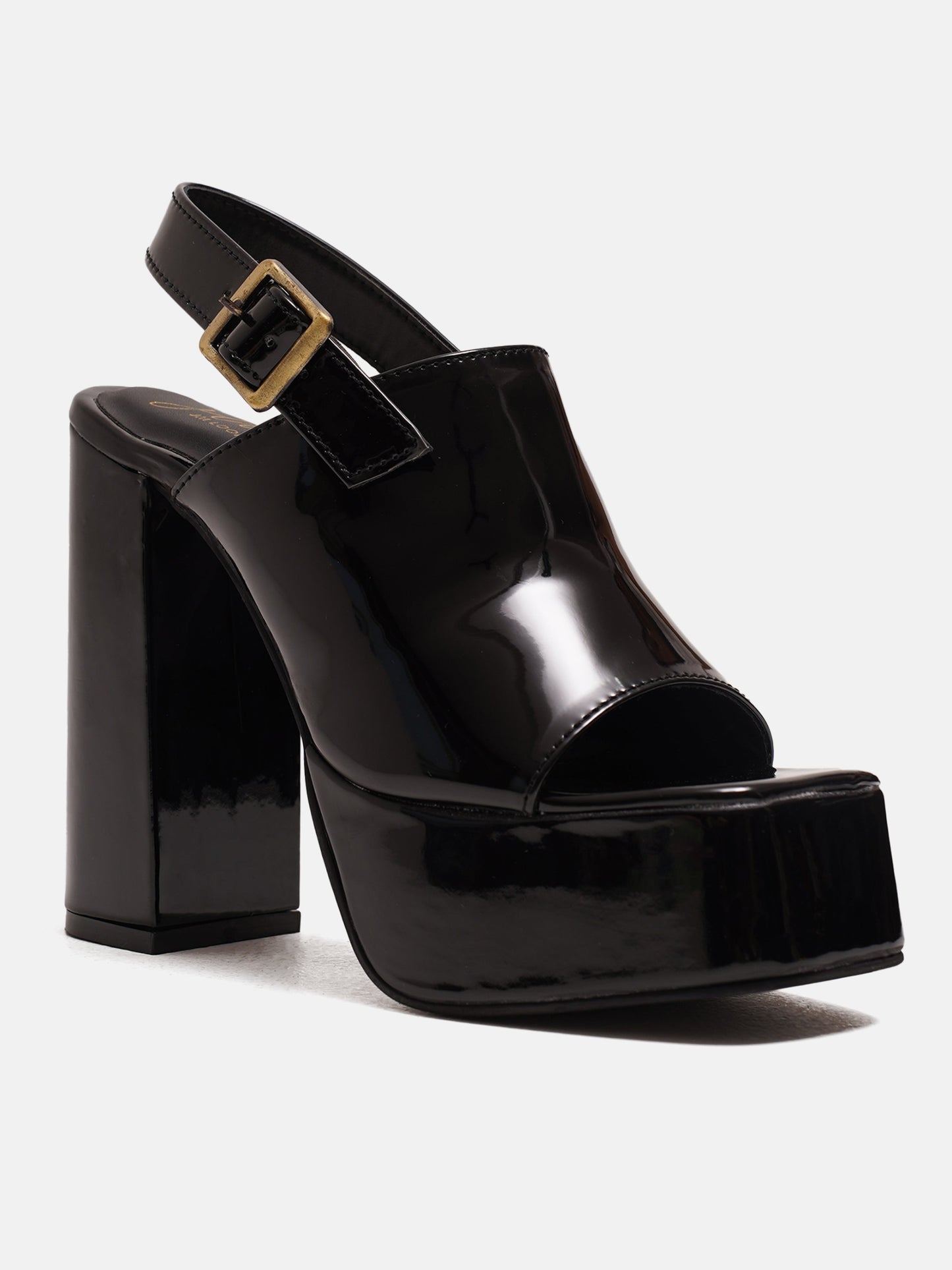 BLACK platform heels with glossy patent finish, peep toe, slingback buckle strap, and chunky block heel.