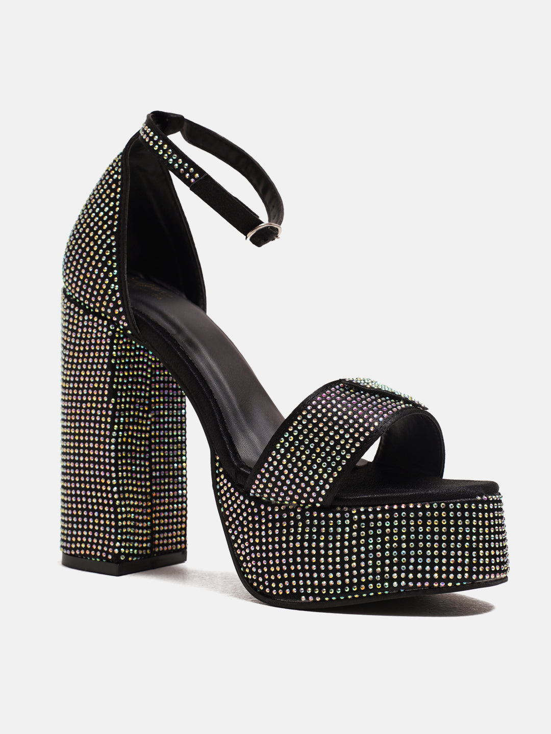 BLACK Rhinestone Platform Block Heel Sandals with Ankle Strap for Party and Formal Occasions