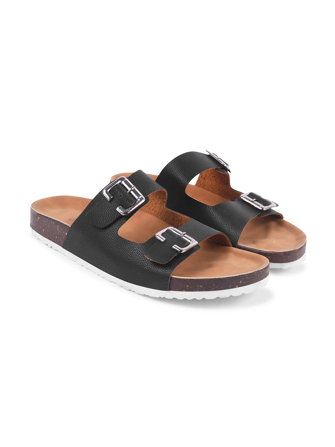 JM Looks slide sandals with two adjustable buckle straps and a layered sole
Black