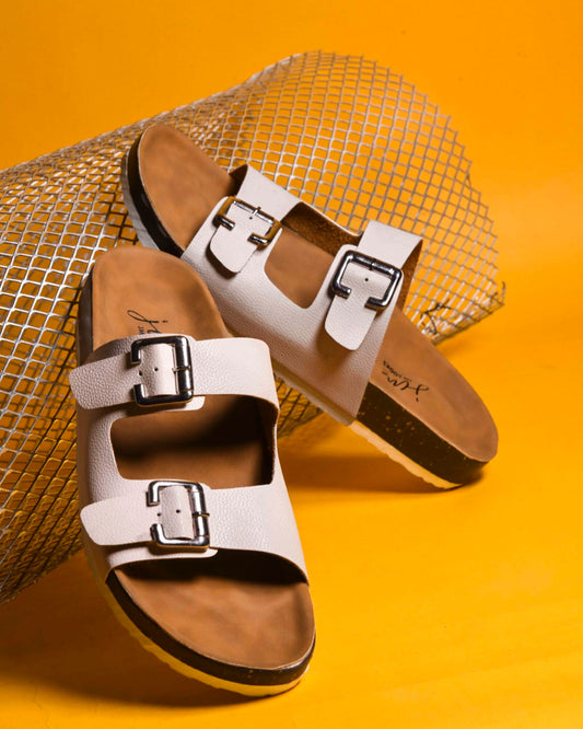 JM Looks slide sandals with two adjustable buckle straps and a layered sole
 Cream