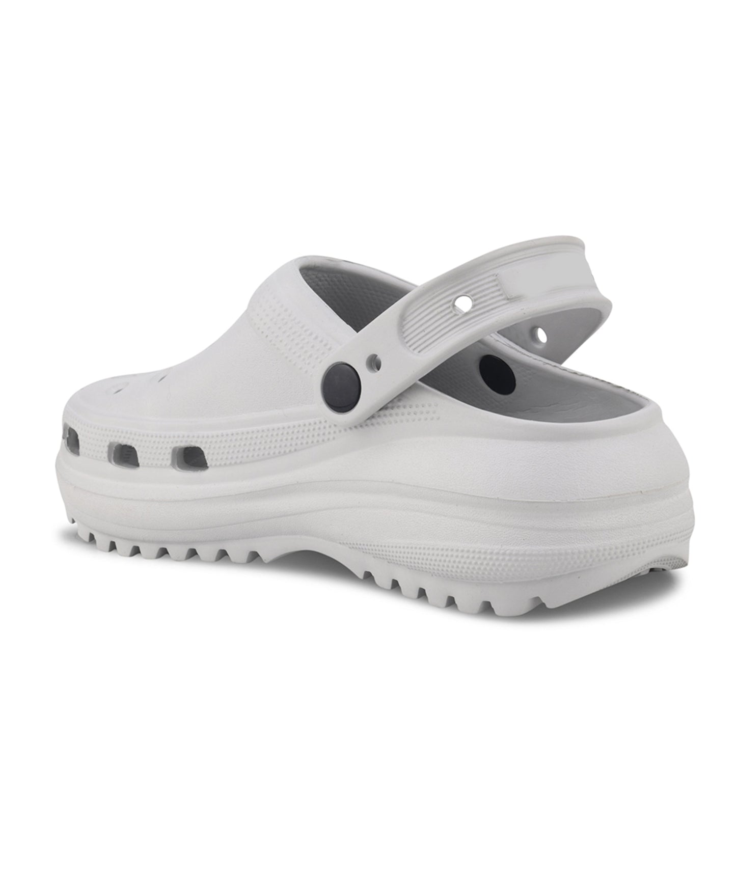 Clogs for women in grey with breathable holes, adjustable back strap and chunky treaded platform sole