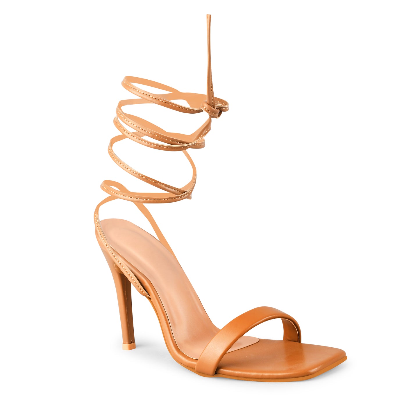 lace-up stiletto heels with thin straps wrapping around the ankles
Beige