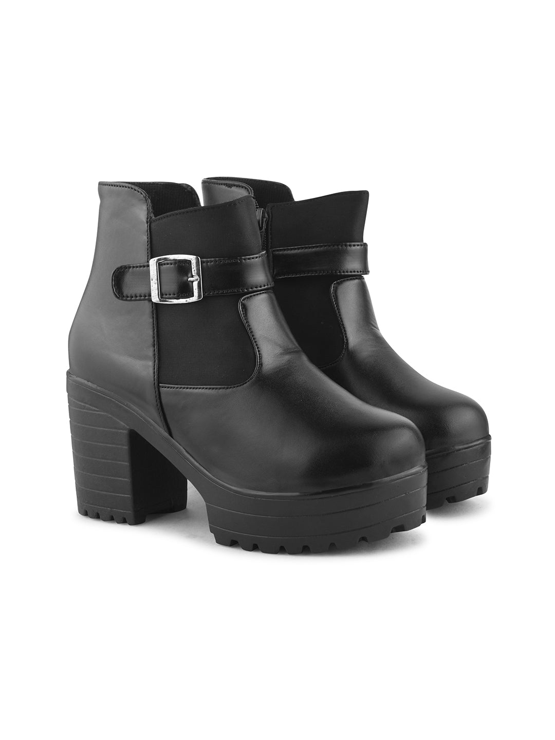 Jm Looks women's platform ankle boots with a chunky heel and buckle detail
Black