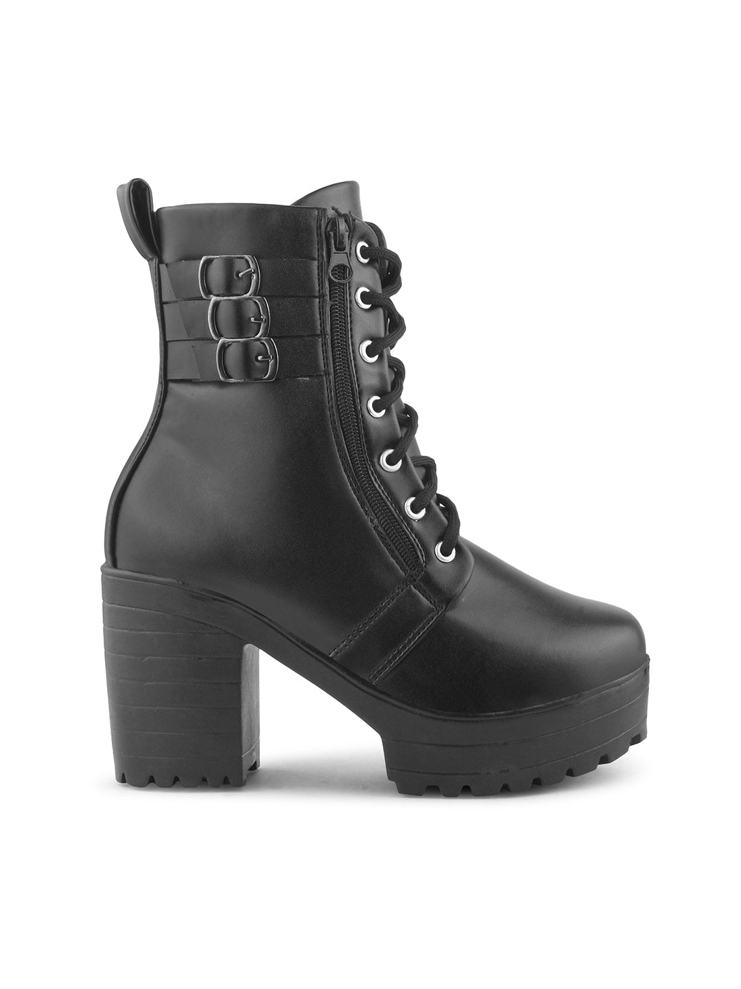Jm Looks platform combat boots with buckles, laces, and a side zipper
Black