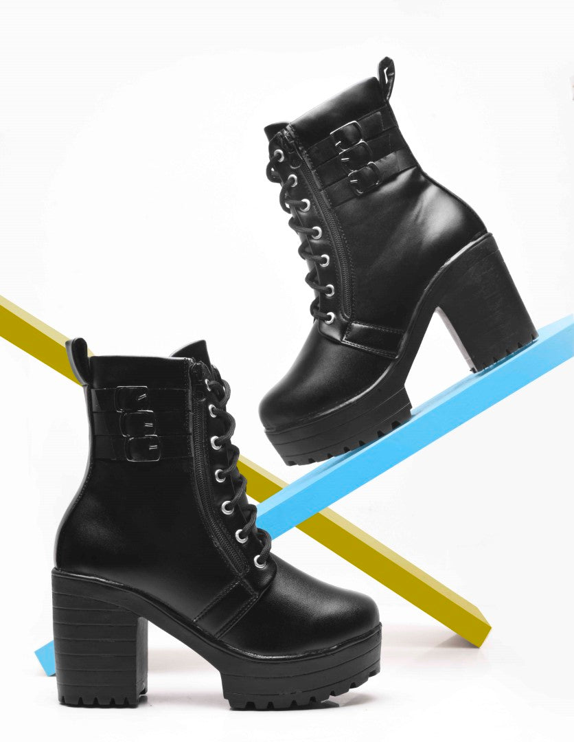 Jm Looks platform combat boots with buckles, laces, and a side zipper
Black