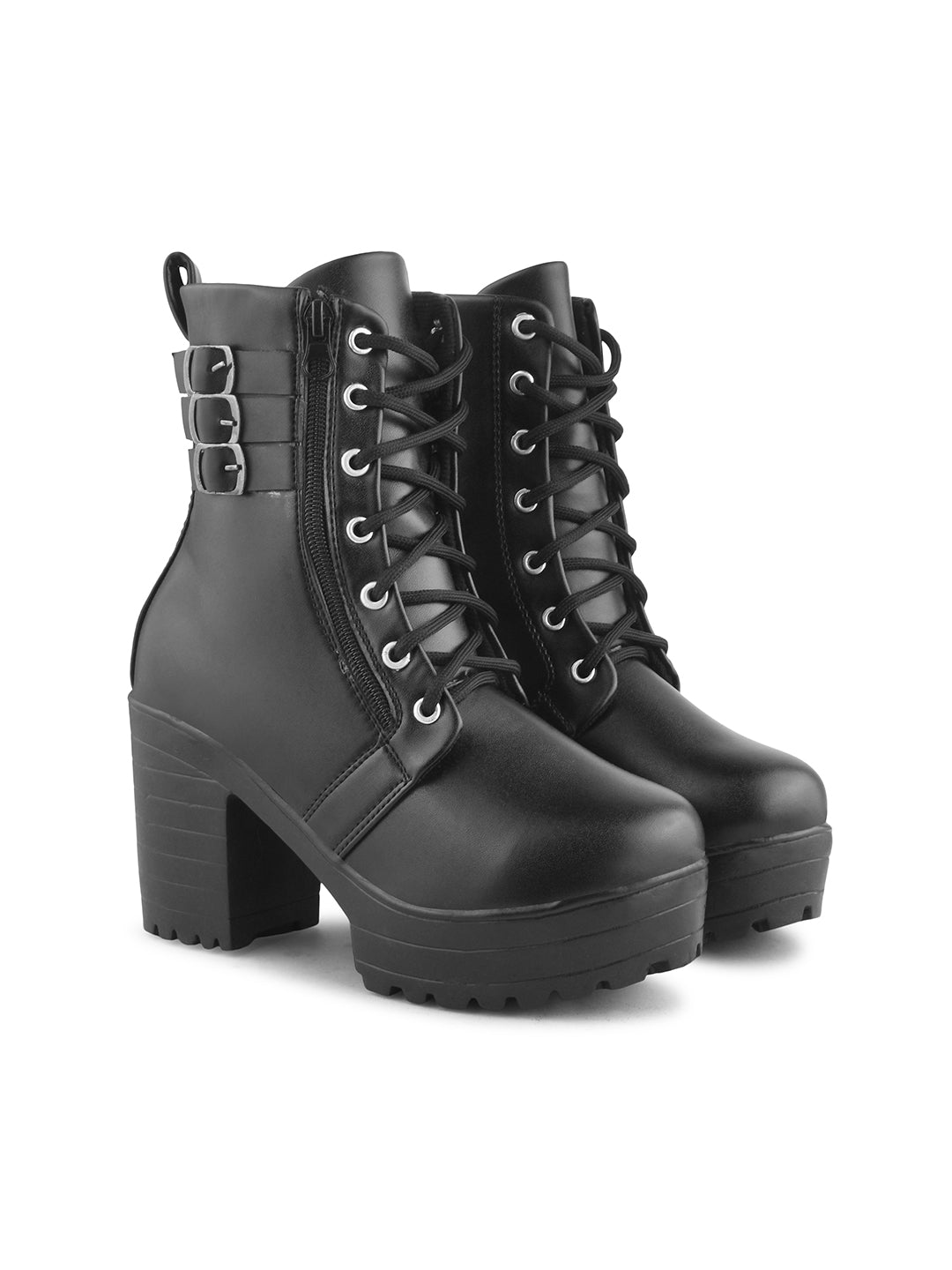 Jm Looks platform combat boots with buckles, laces, and a side zipper
Black