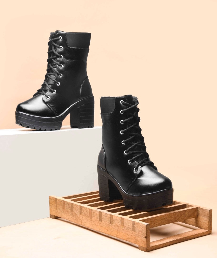 Jm Looks platform lace-up boots with a high, ridged block heel
Black