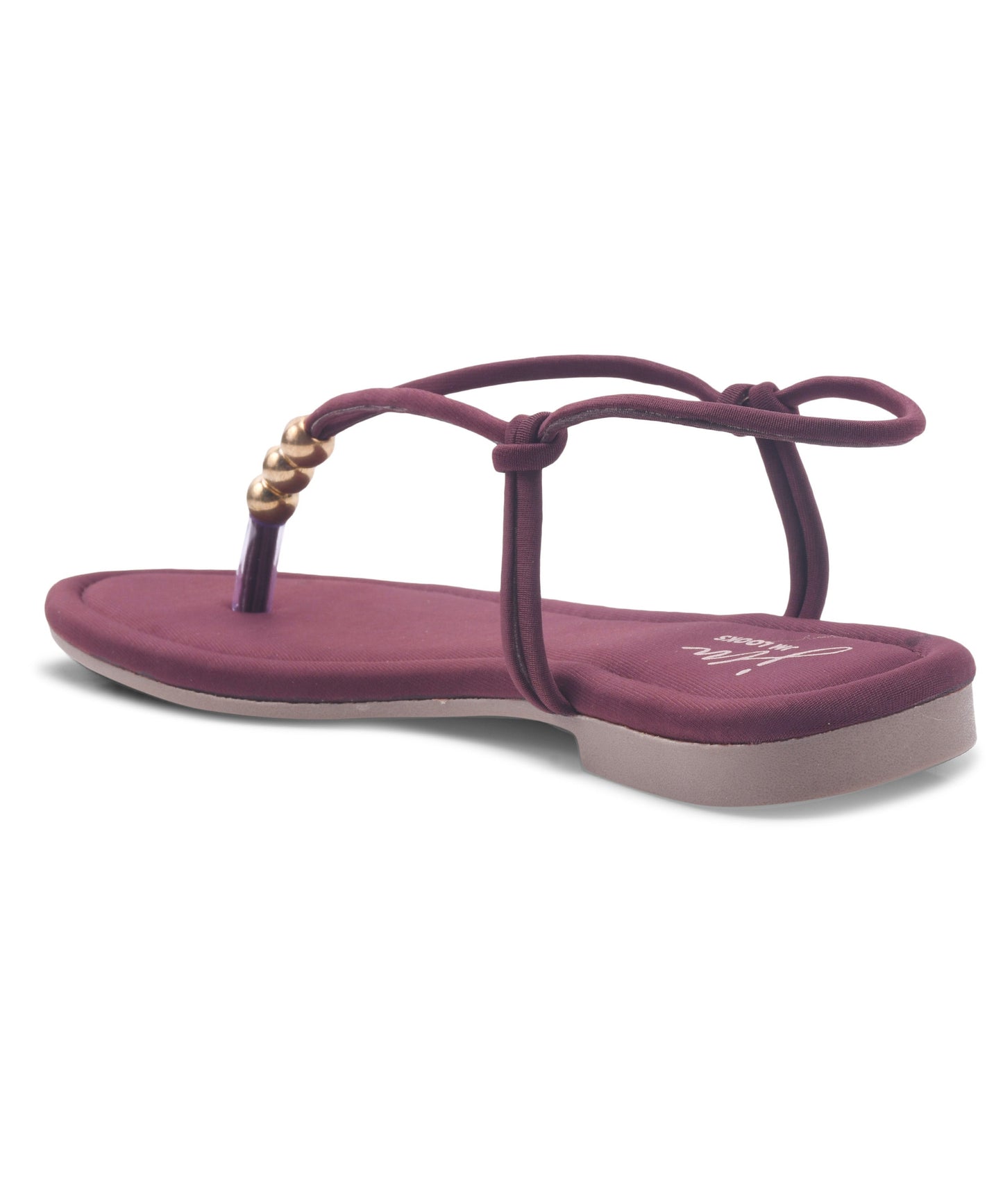 Cherry flat thong sandals with delicate ankle straps and gold beaded accents on cushioned footbeds.