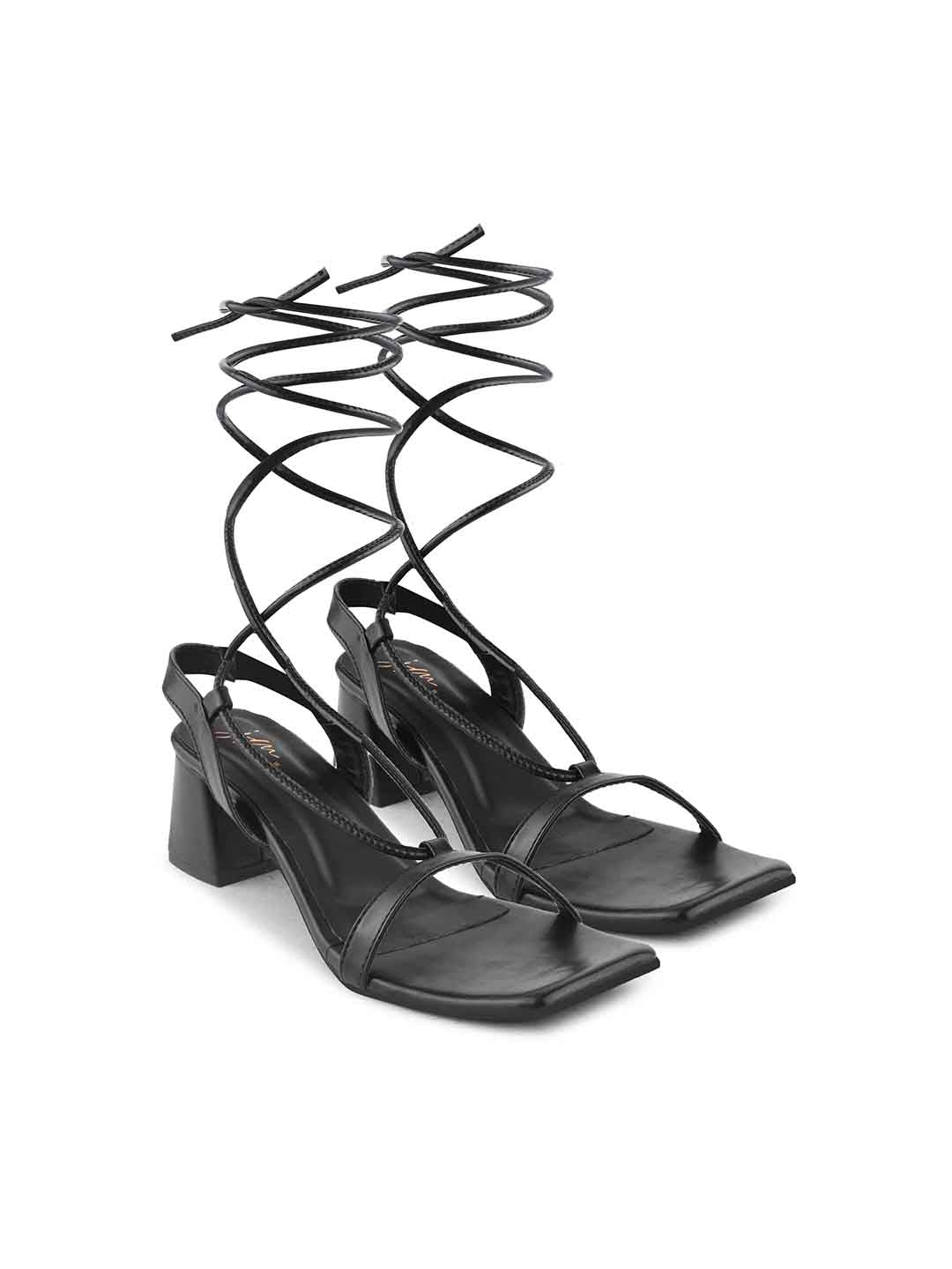 women's lace-up sandals with a square toe and a block heel
Black