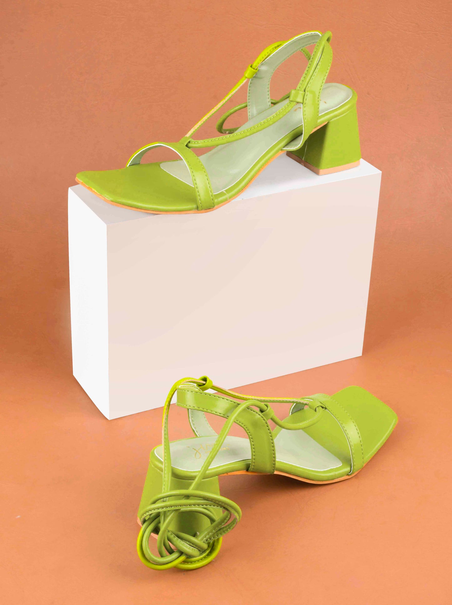 women's lace-up sandals with a square toe and a block heel
Green