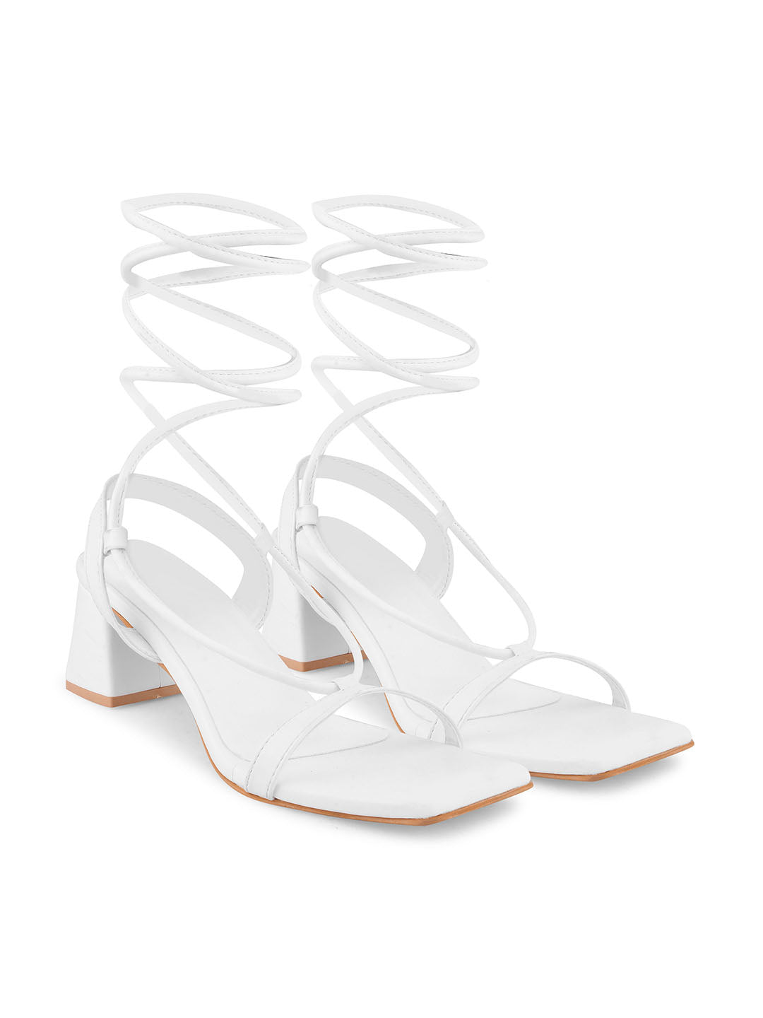 women's lace-up sandals with a square toe and a block heel
White
