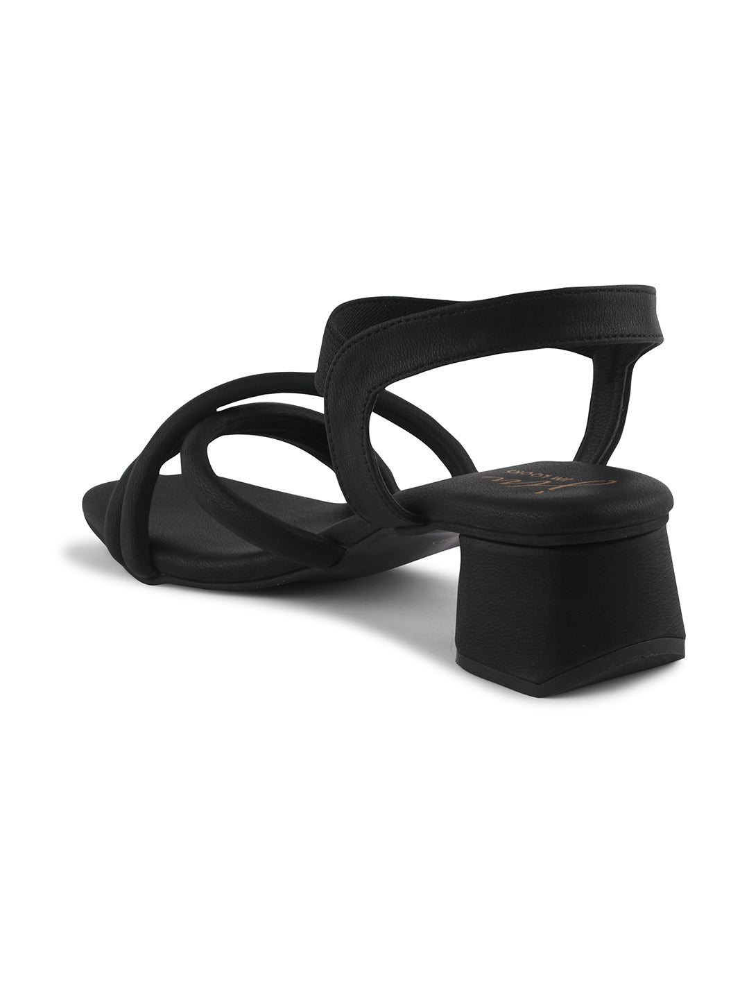block heel sandals featuring padded, intertwined straps and an adjustable ankle strap
Black