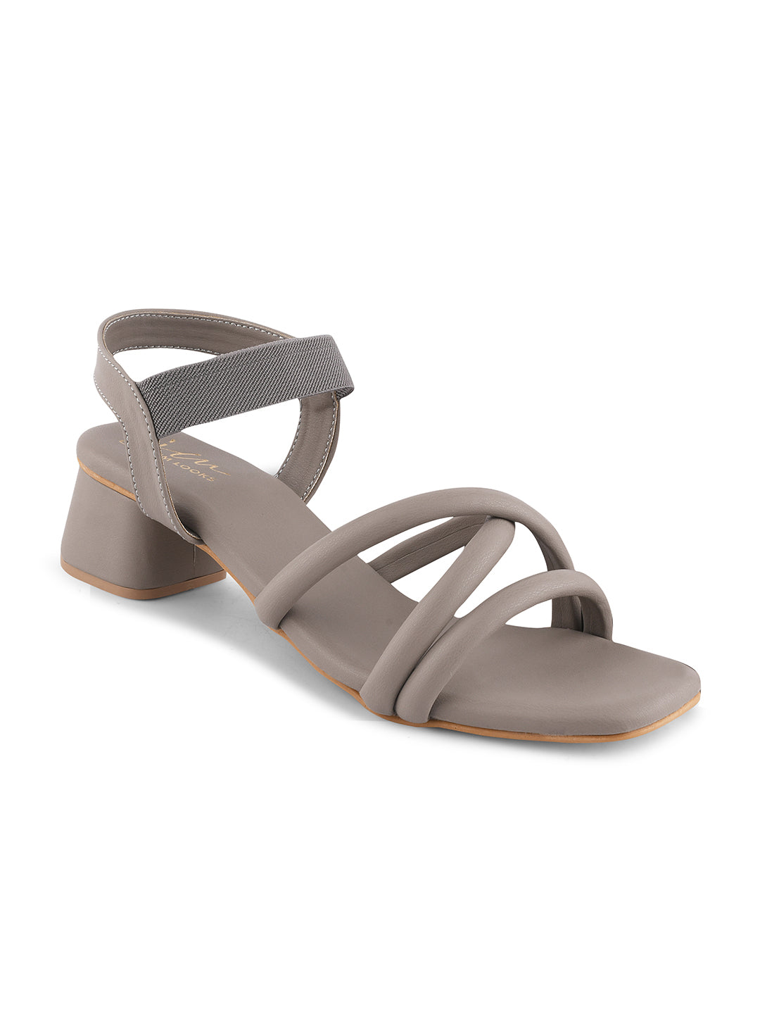 block heel sandals featuring padded, intertwined straps and an adjustable ankle strap
Beige