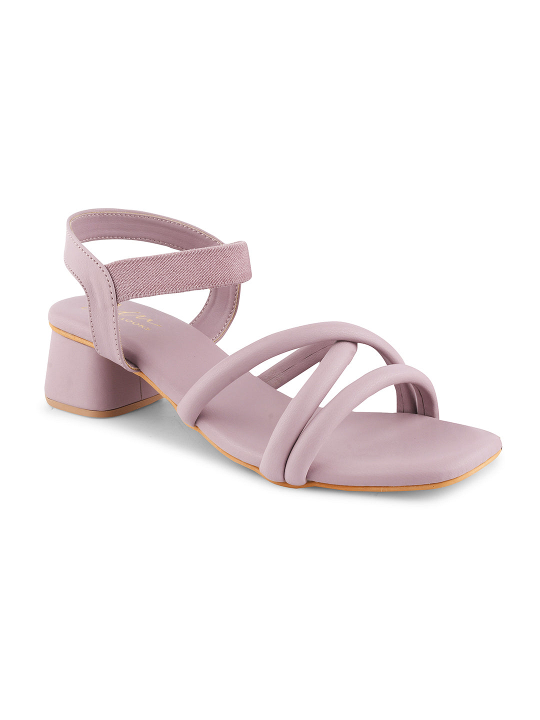 block heel sandals featuring padded, intertwined straps and an adjustable ankle strap
Lavender
