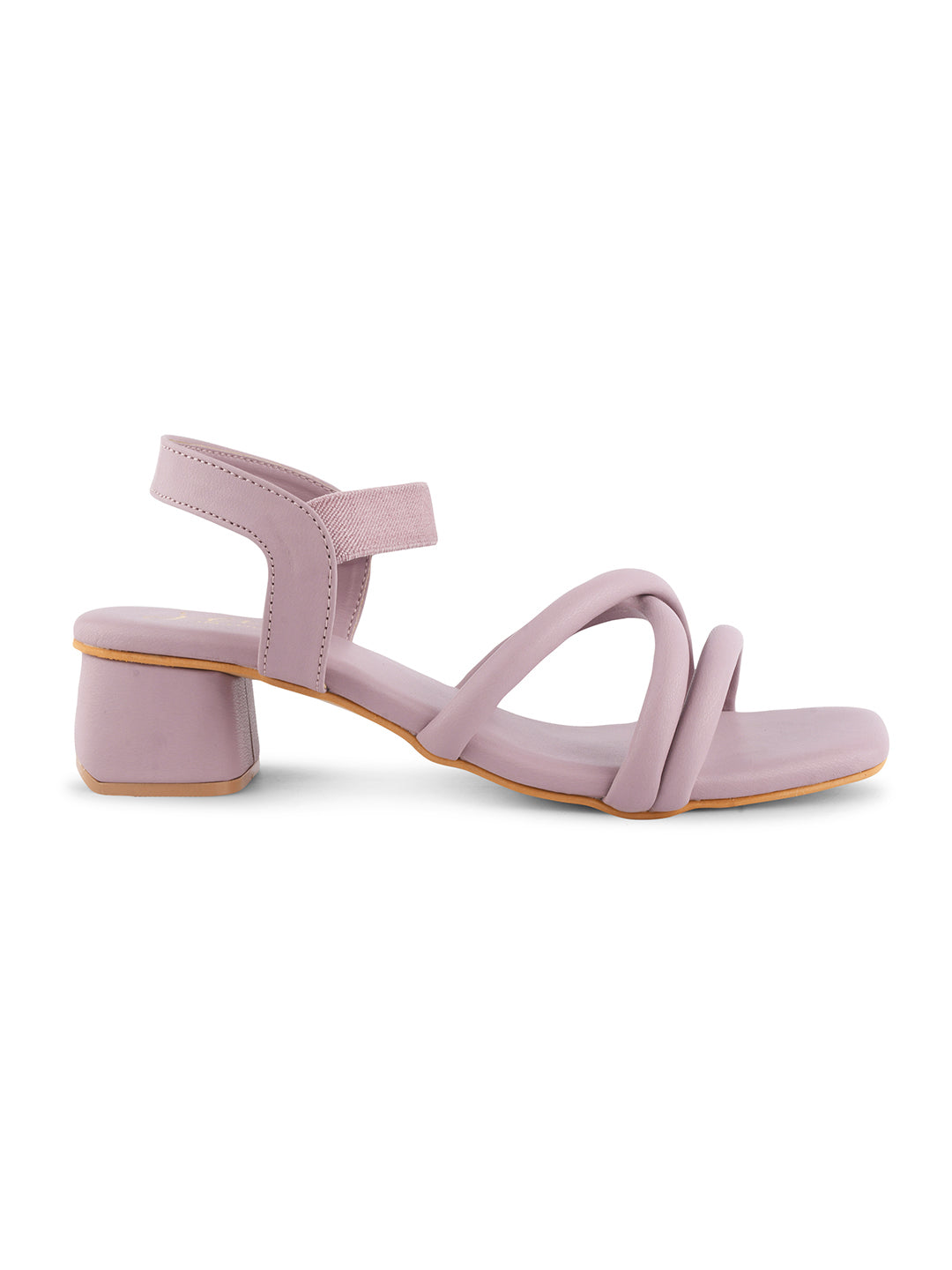 block heel sandals featuring padded, intertwined straps and an adjustable ankle strap
Lavender