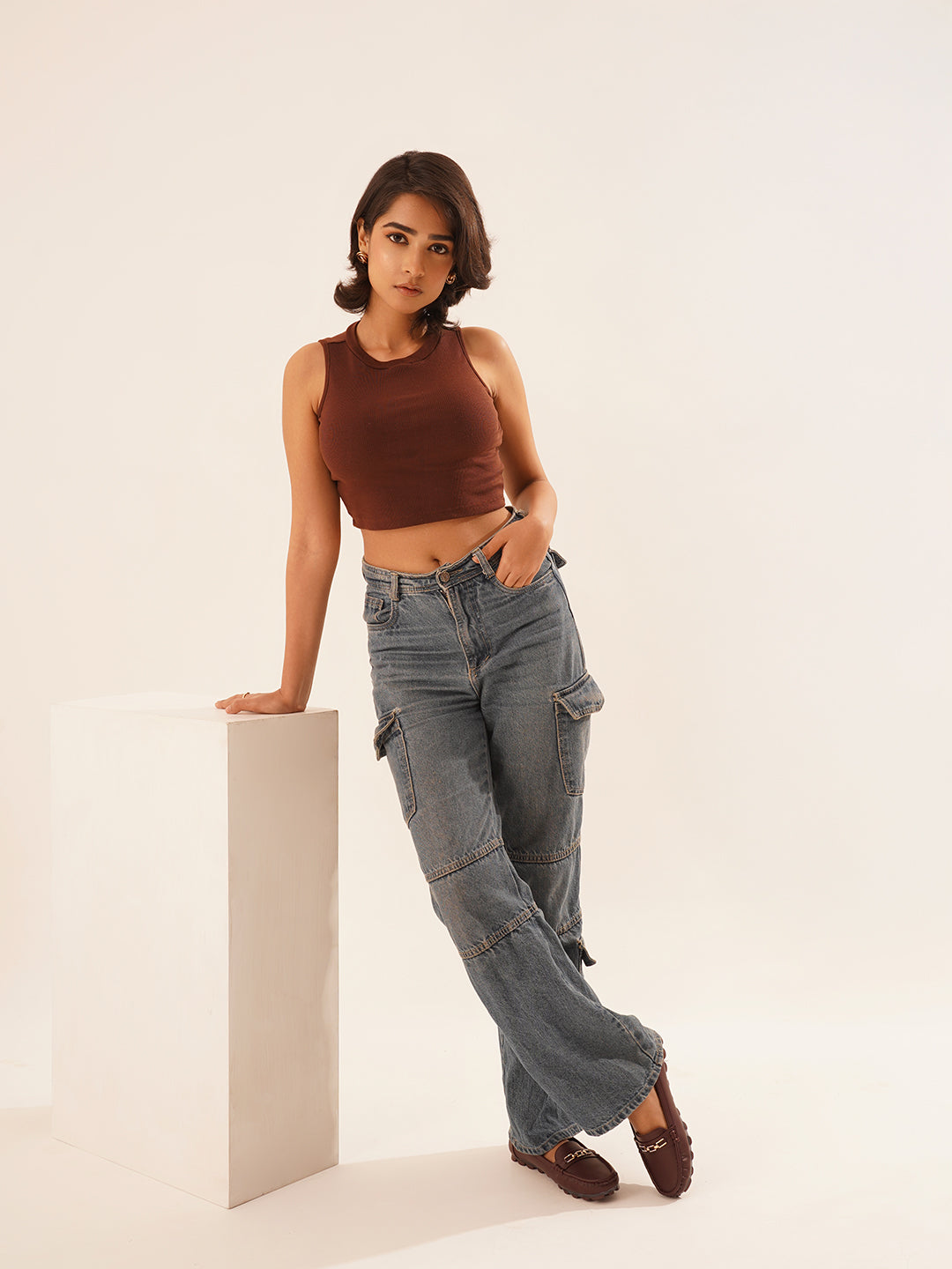 casual loafers with a metal bit embellishment on the vamp and a textured sole
Cherry