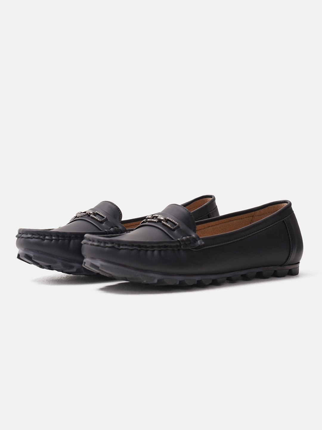 casual loafers with a metal bit embellishment on the vamp and a textured sole
Black
