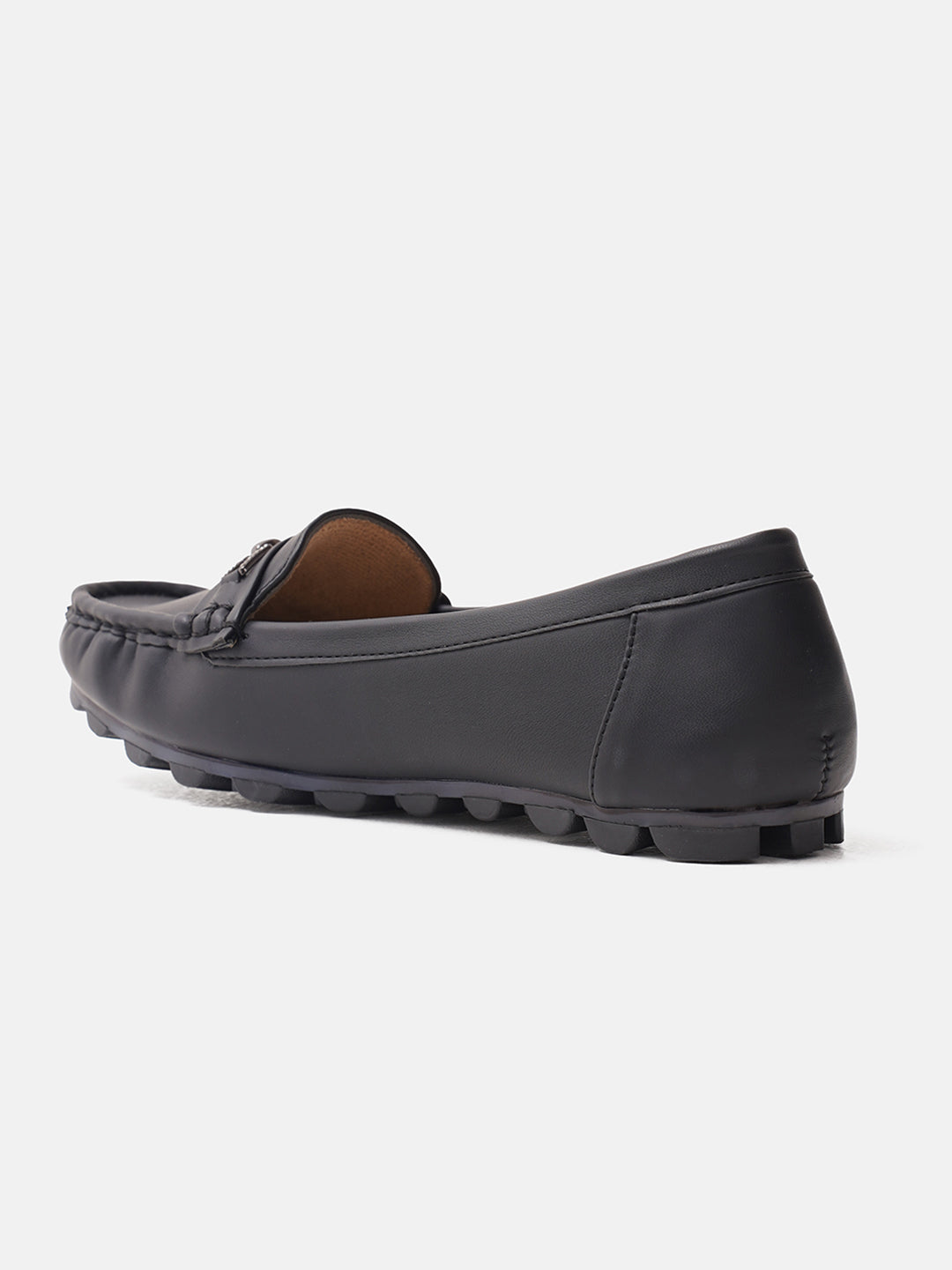 casual loafers with a metal bit embellishment on the vamp and a textured sole
Black