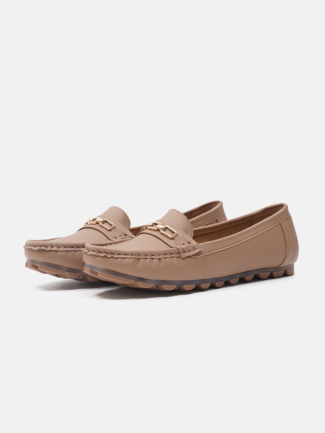 casual loafers with a metal bit embellishment on the vamp and a textured sole
Beige