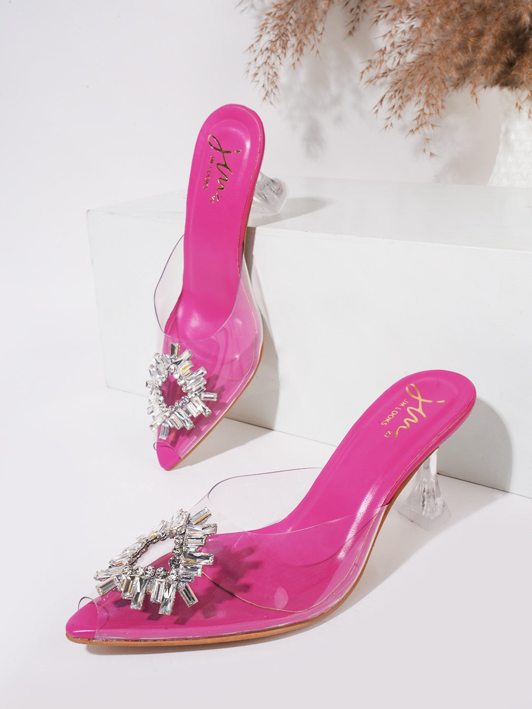 Square Rhinestone Flare Transparent Heels for Women and Girls Barbie Pink