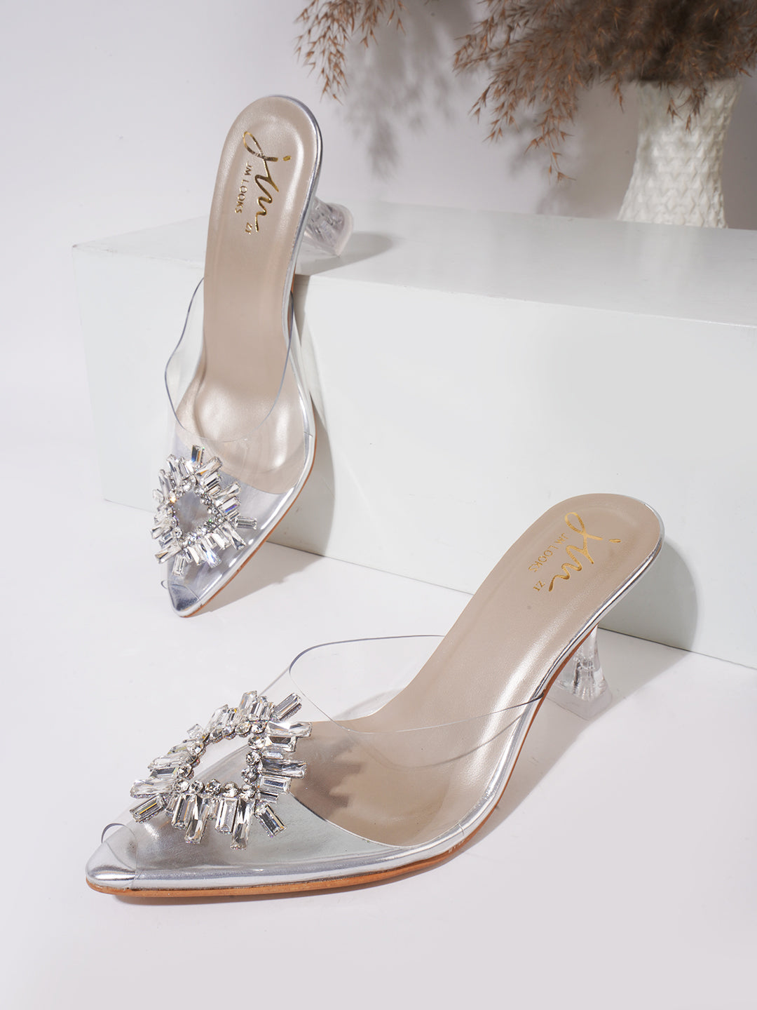 Square Rhinestone Flare Transparent Heels for Women and Girls Silver