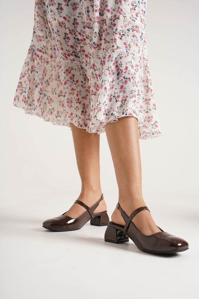 Slingback Glossy Block Heels With Buckle - 25