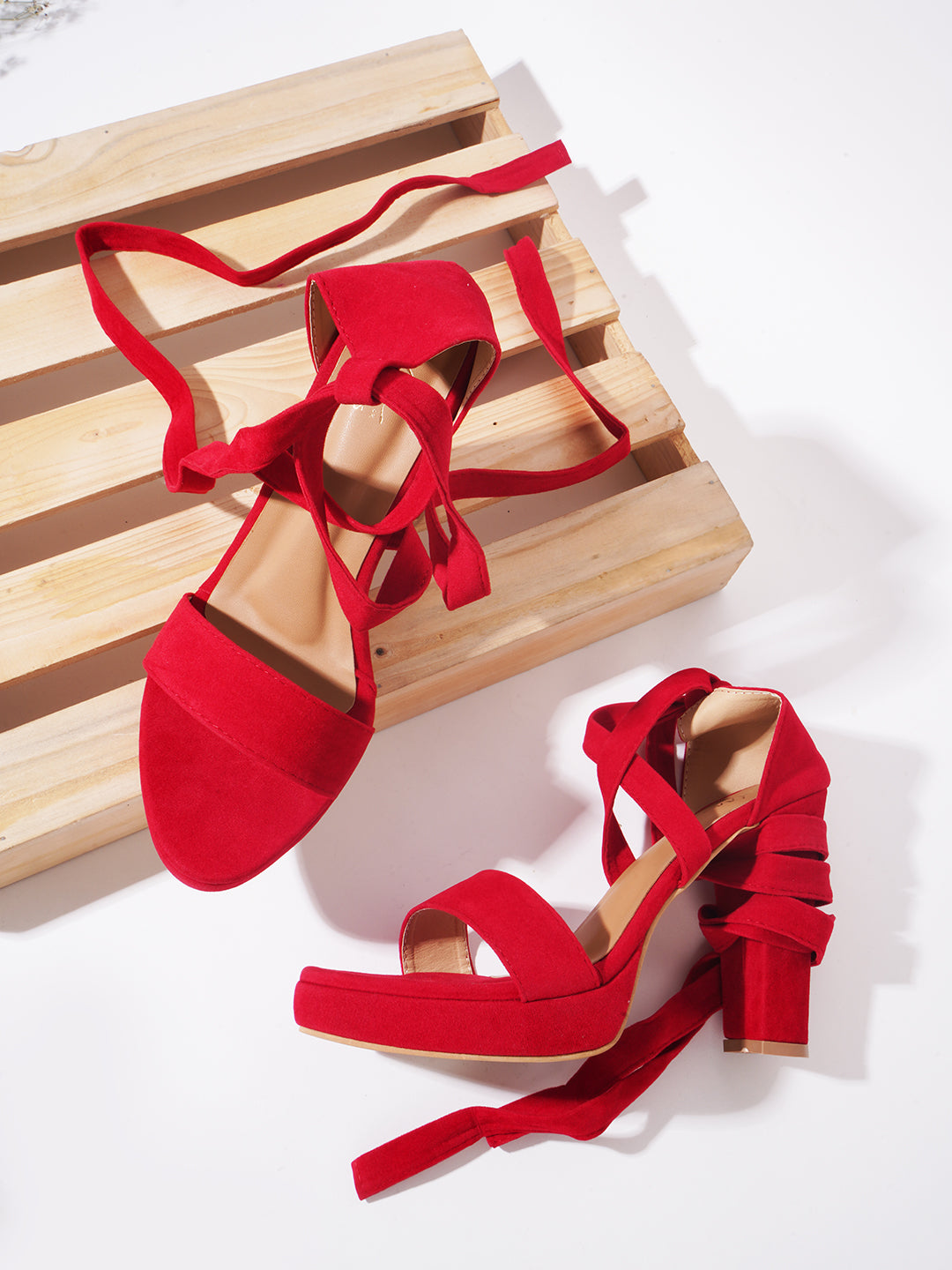 Buy Online Velvet Strap Lace Up Heels Sandals for Women and Girls Red
