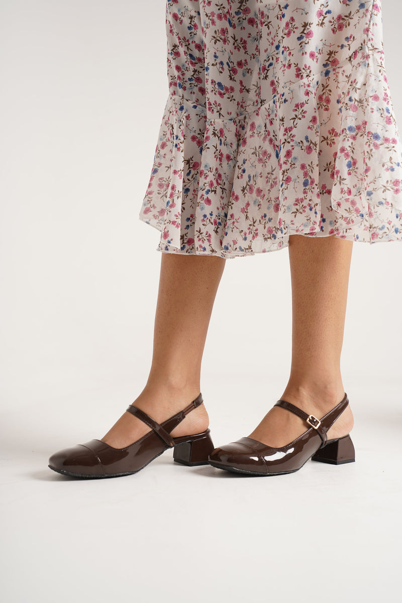 Slingback Glossy Block Heels With Buckle - 26