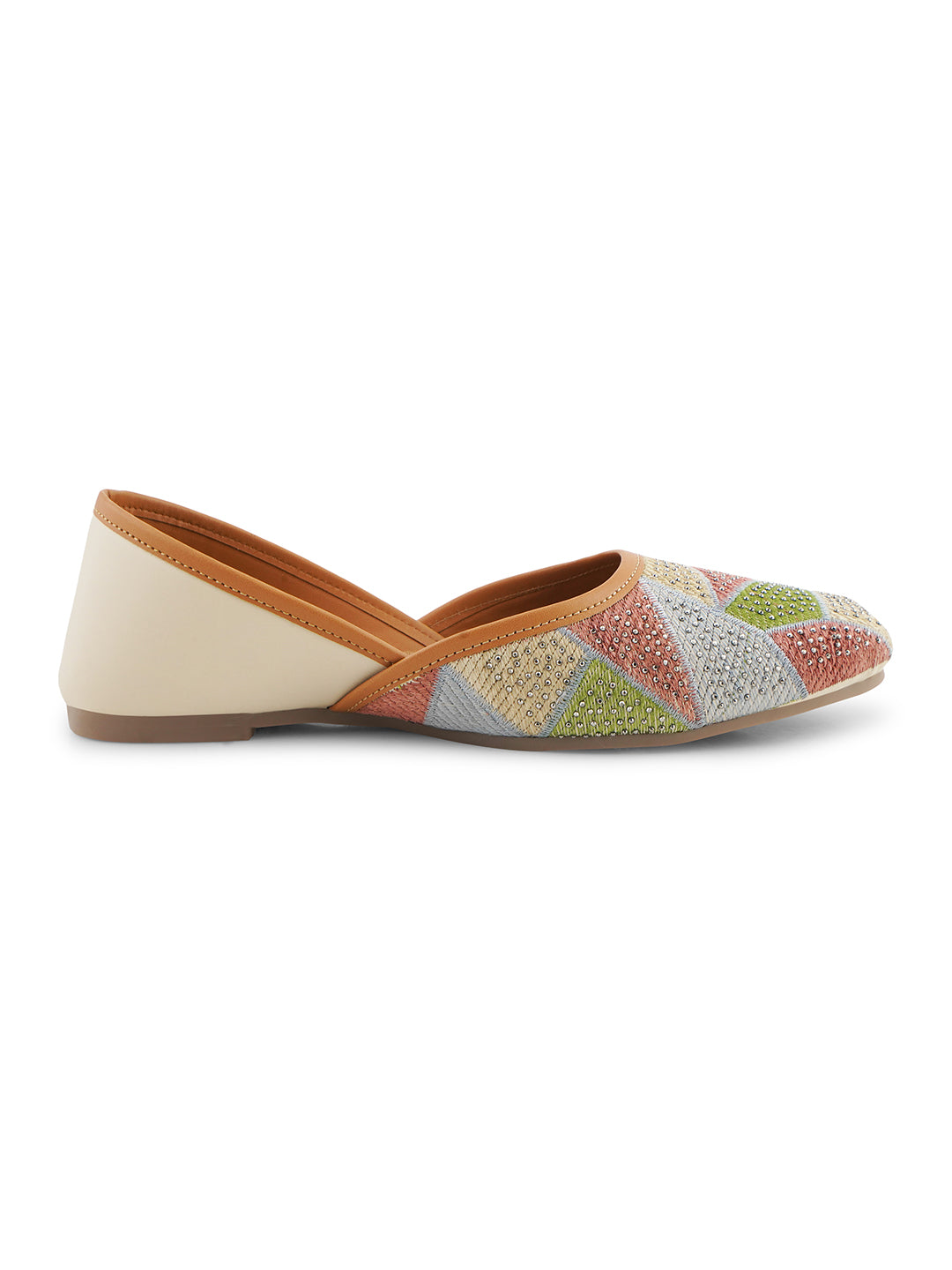 embellished juttis featuring a vibrant geometric pattern with sparkling details
Cream