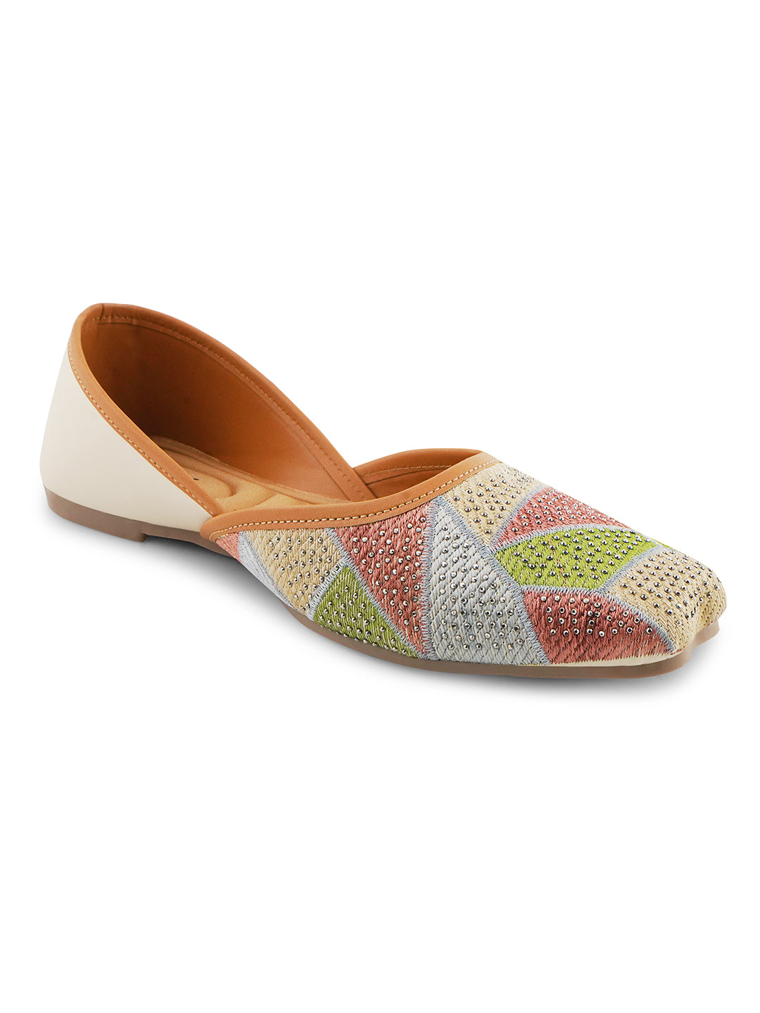 embellished juttis featuring a vibrant geometric pattern with sparkling details
Cream