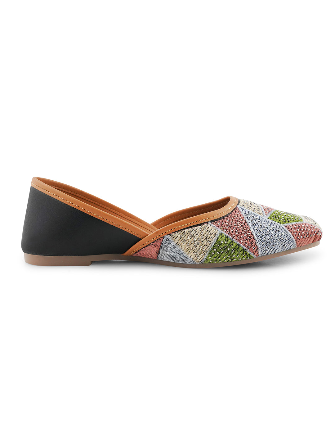 embellished juttis featuring a vibrant geometric pattern with sparkling details
Black