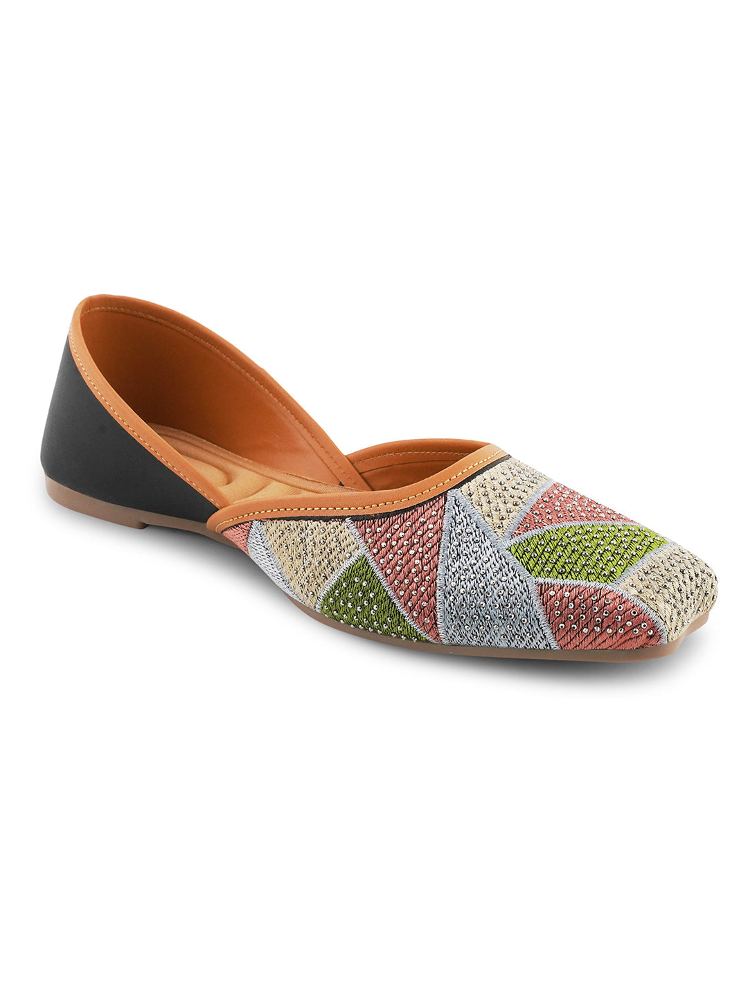 embellished juttis featuring a vibrant geometric pattern with sparkling details
Black